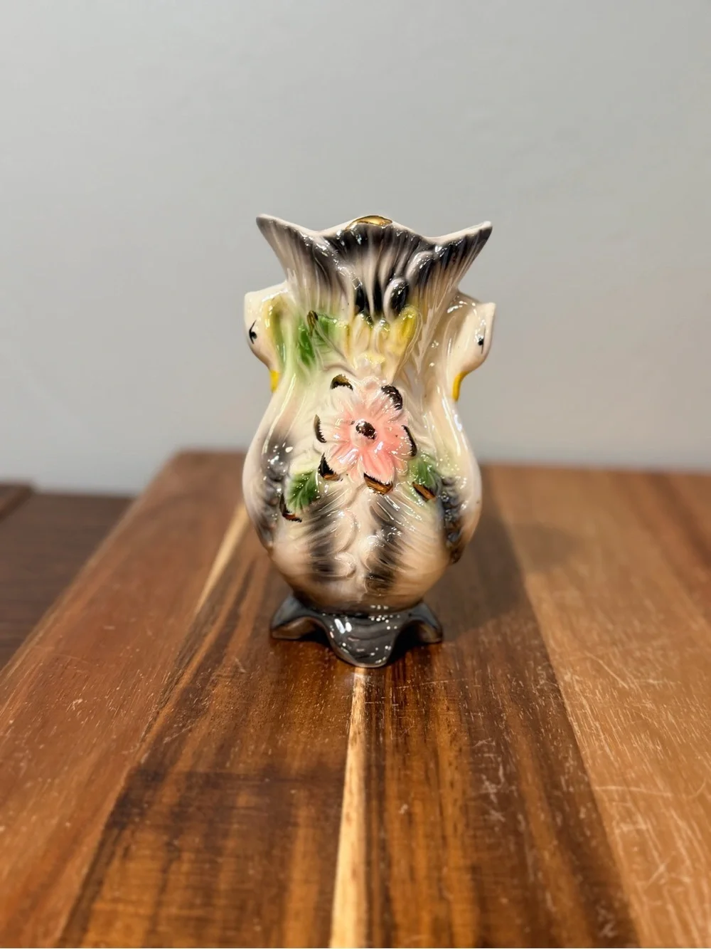 1960s Vintage Floral Ceramic Vase in Cream, Pink, Green, Black